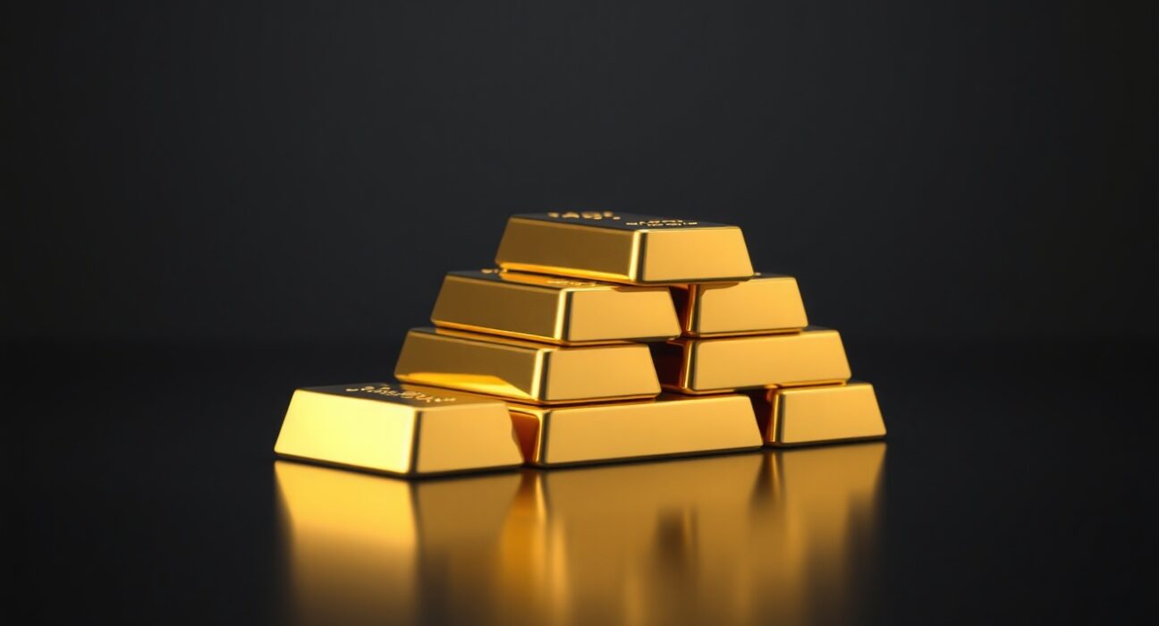 Stack of polished gold bars on a dark reflective surface, representing the latest gold price increase in India.