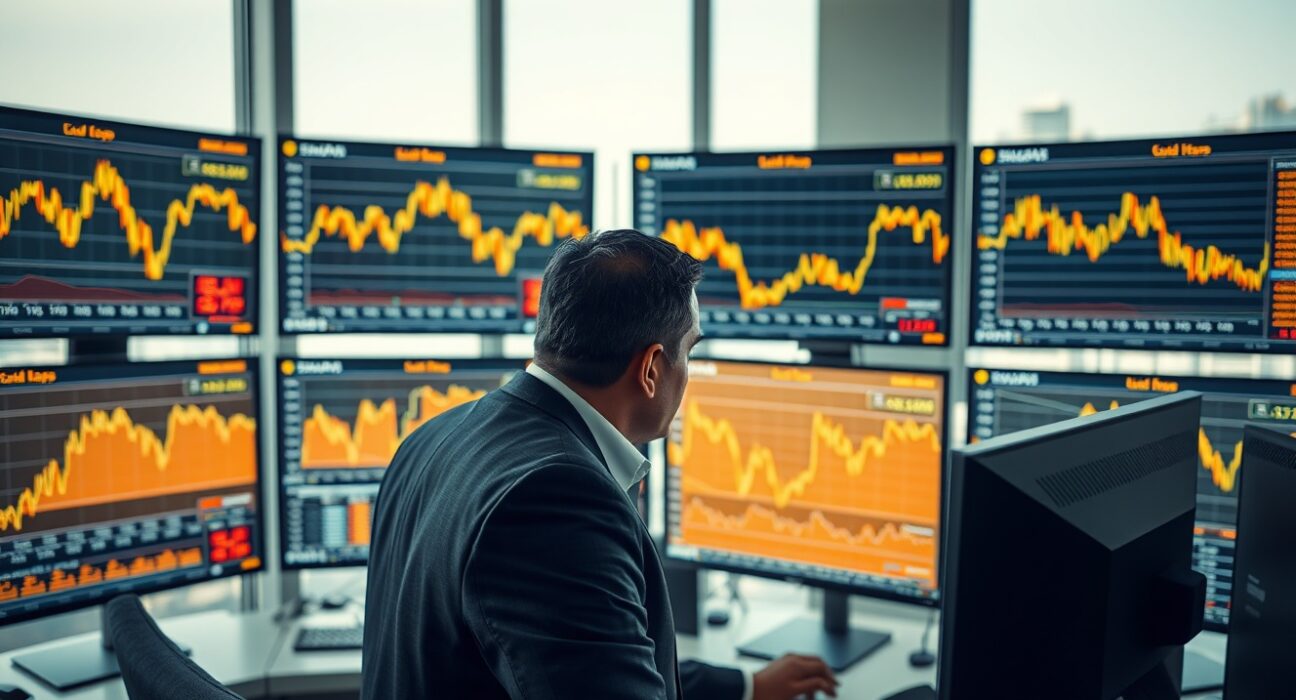 Professional trader analyzing India gold price data on financial market monitors in Mumbai trading room