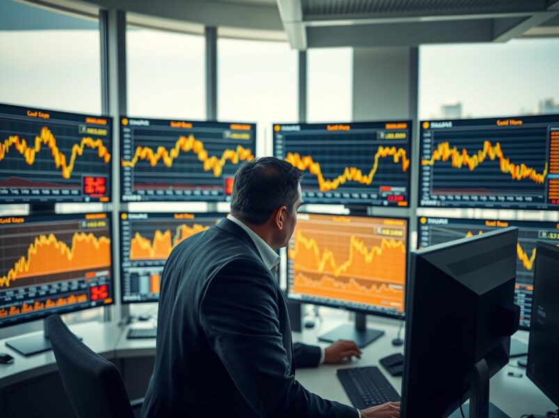 Professional trader analyzing India gold price data on financial market monitors in Mumbai trading room