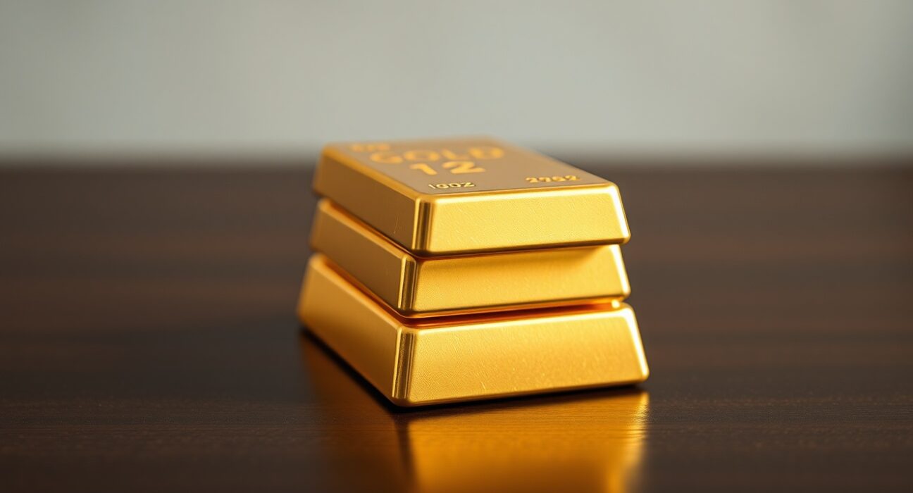 Close-up of gold bars on a dark wooden surface, representing steady gold prices in India.