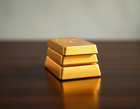 Close-up of gold bars on a dark wooden surface, representing steady gold prices in India.