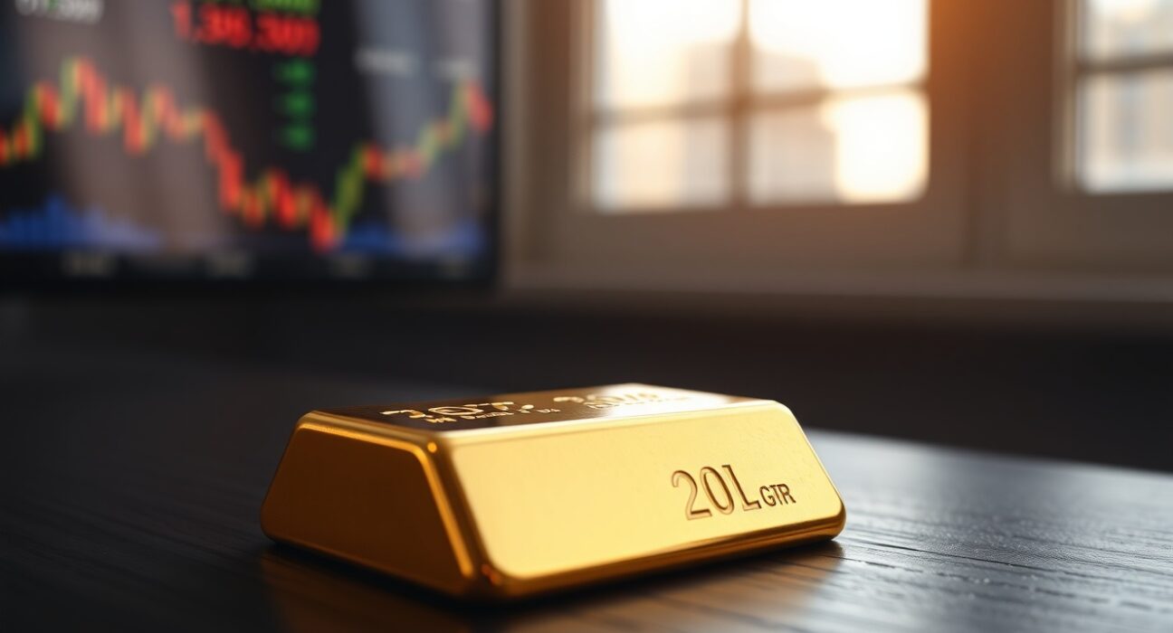 Close-up of a gold bar on a dark surface with a blurred financial screen in the background.