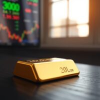 Close-up of a gold bar on a dark surface with a blurred financial screen in the background.