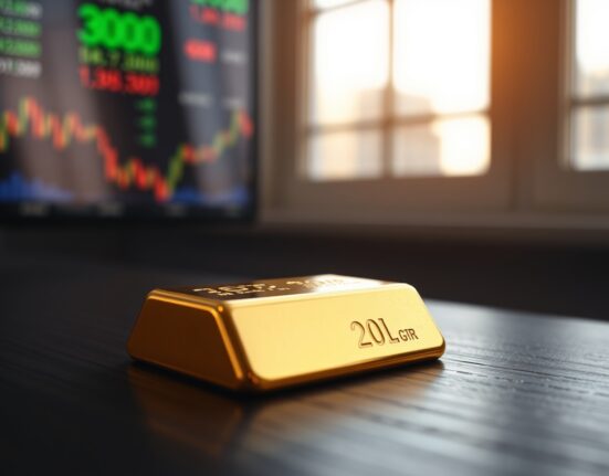Close-up of a gold bar on a dark surface with a blurred financial screen in the background.