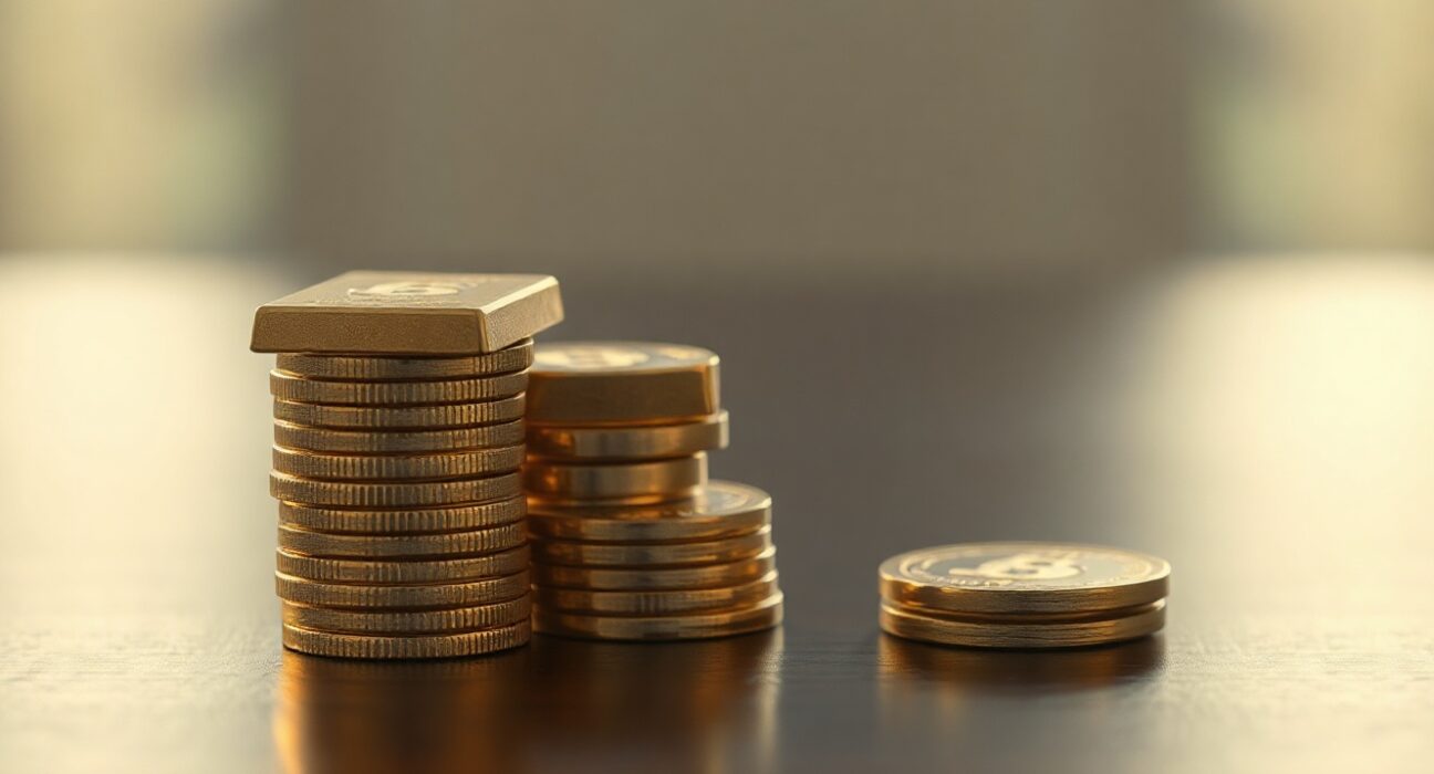Gold bars and coins on a dark wooden surface representing steady gold prices in India.