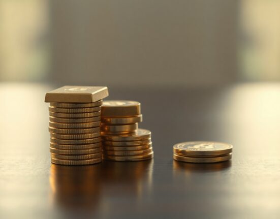 Gold bars and coins on a dark wooden surface representing steady gold prices in India.