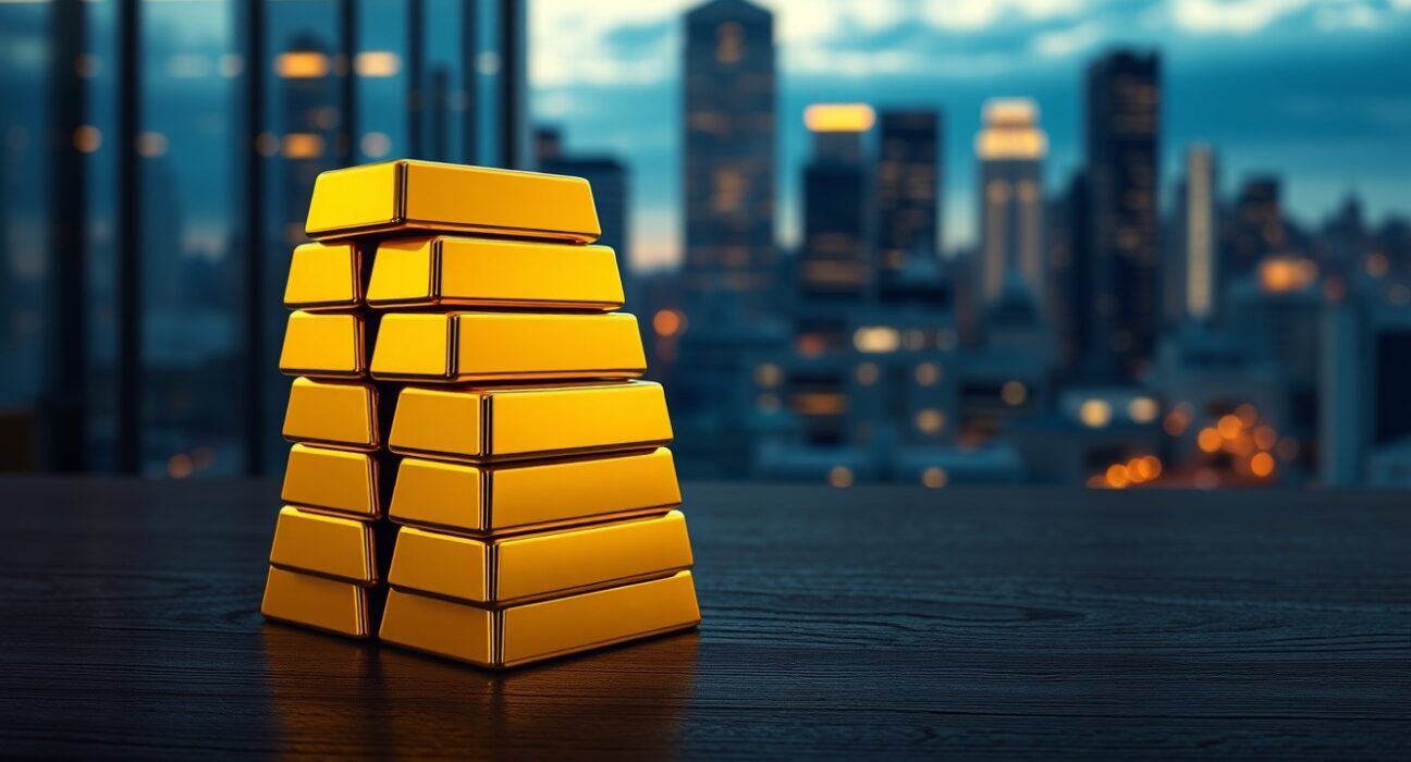 India gold price today rise reflected in stacked gold bars with financial district backdrop