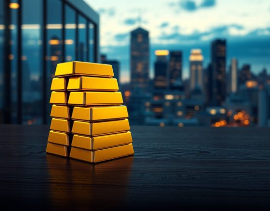 India gold price today rise reflected in stacked gold bars with financial district backdrop