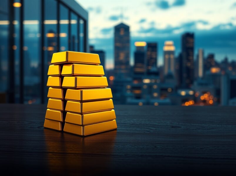 India gold price today rise reflected in stacked gold bars with financial district backdrop