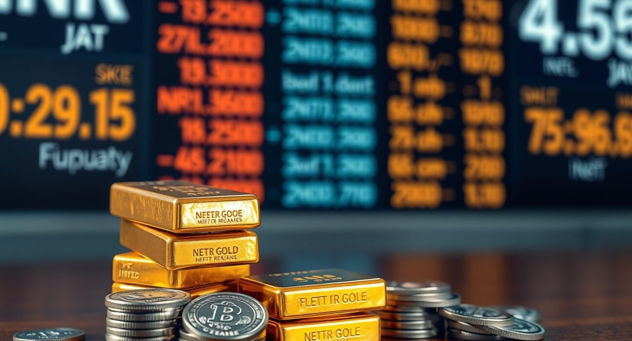 Gold bars and silver coins with a blurred currency exchange board in the background
