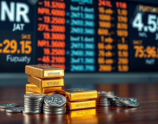 Gold bars and silver coins with a blurred currency exchange board in the background