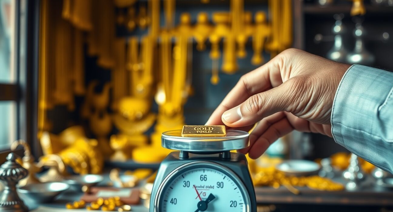 Gold bar being weighed on a scale in a jewelry workshop, symbolizing the impact of India's import tariff hike.