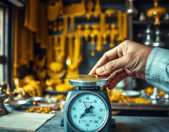 Gold bar being weighed on a scale in a jewelry workshop, symbolizing the impact of India's import tariff hike.