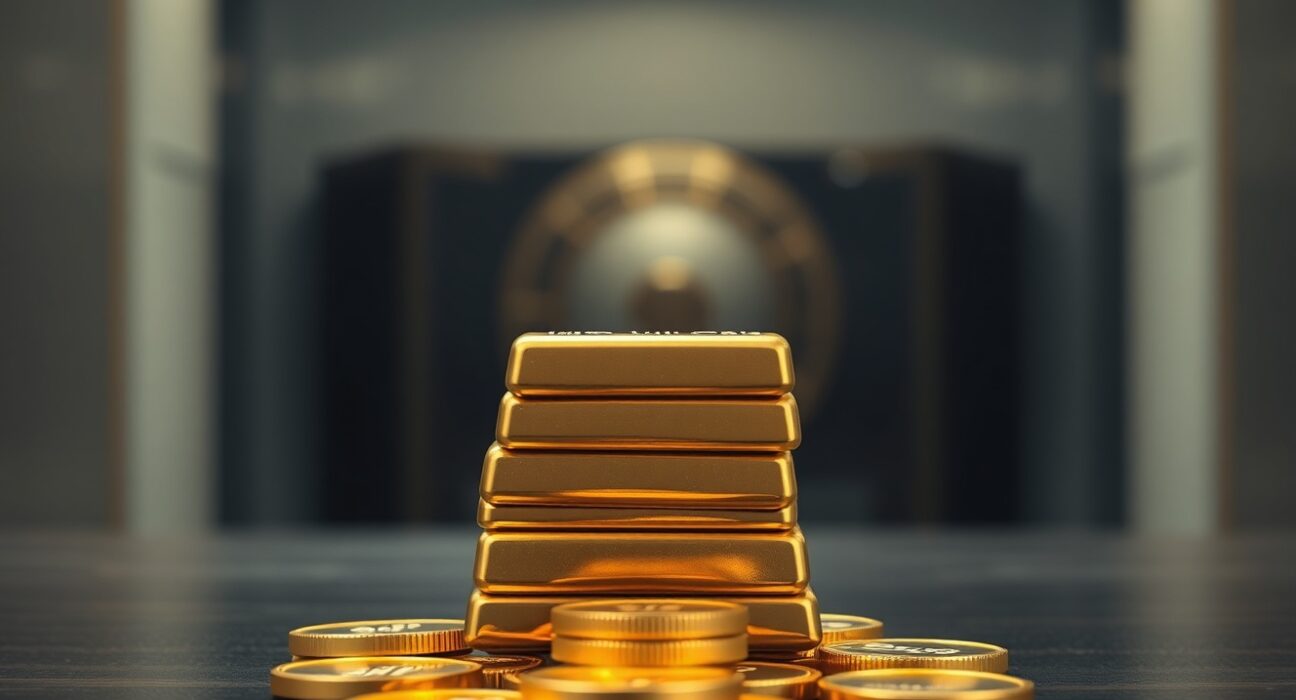 Gold bars and coins on a dark surface representing the impact of Indian tariffs on gold demand.