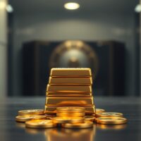 Gold bars and coins on a dark surface representing the impact of Indian tariffs on gold demand.