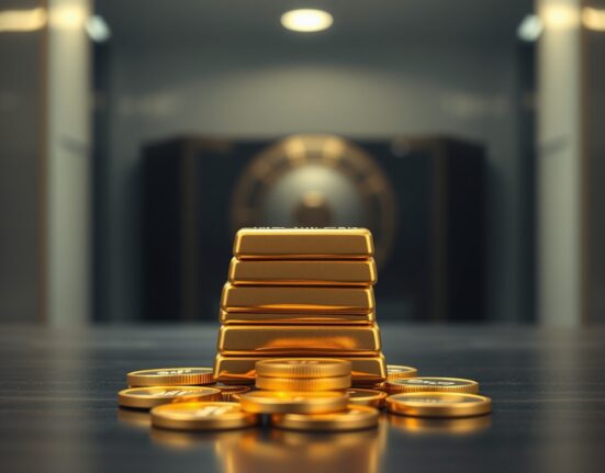 Gold bars and coins on a dark surface representing the impact of Indian tariffs on gold demand.
