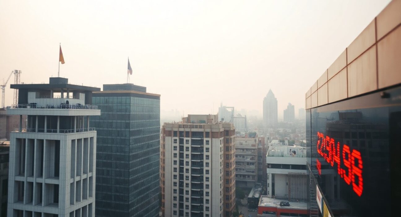 View of a financial district in India on an overcast day, representing a cooling economic outlook for early 2026.