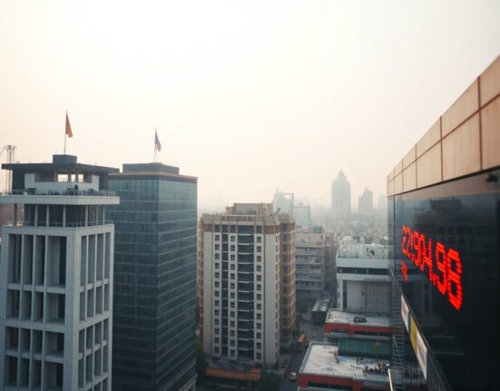 View of a financial district in India on an overcast day, representing a cooling economic outlook for early 2026.