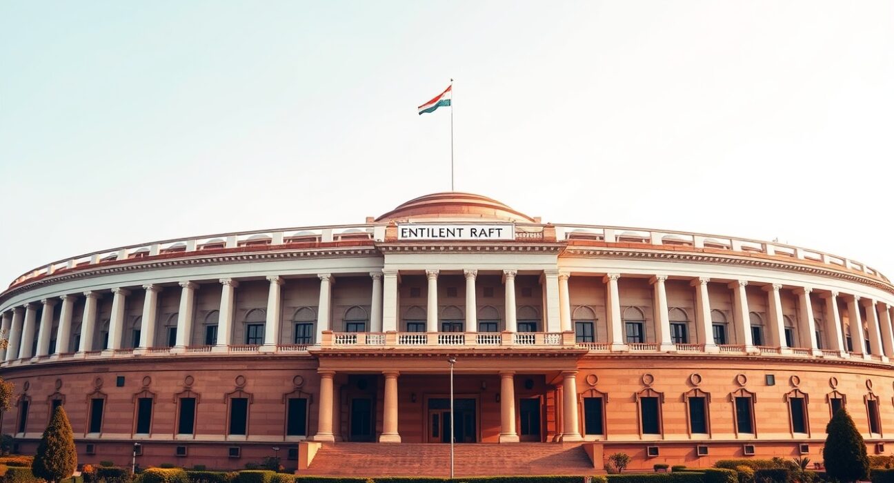 Exterior of Indian Parliament building in New Delhi under clear sky