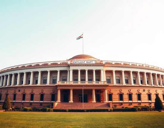 Exterior of Indian Parliament building in New Delhi under clear sky