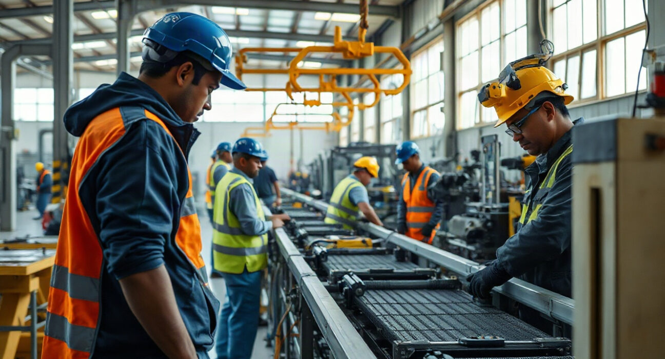 Workers on a factory floor in India, representing the manufacturing sector's August PMI reading