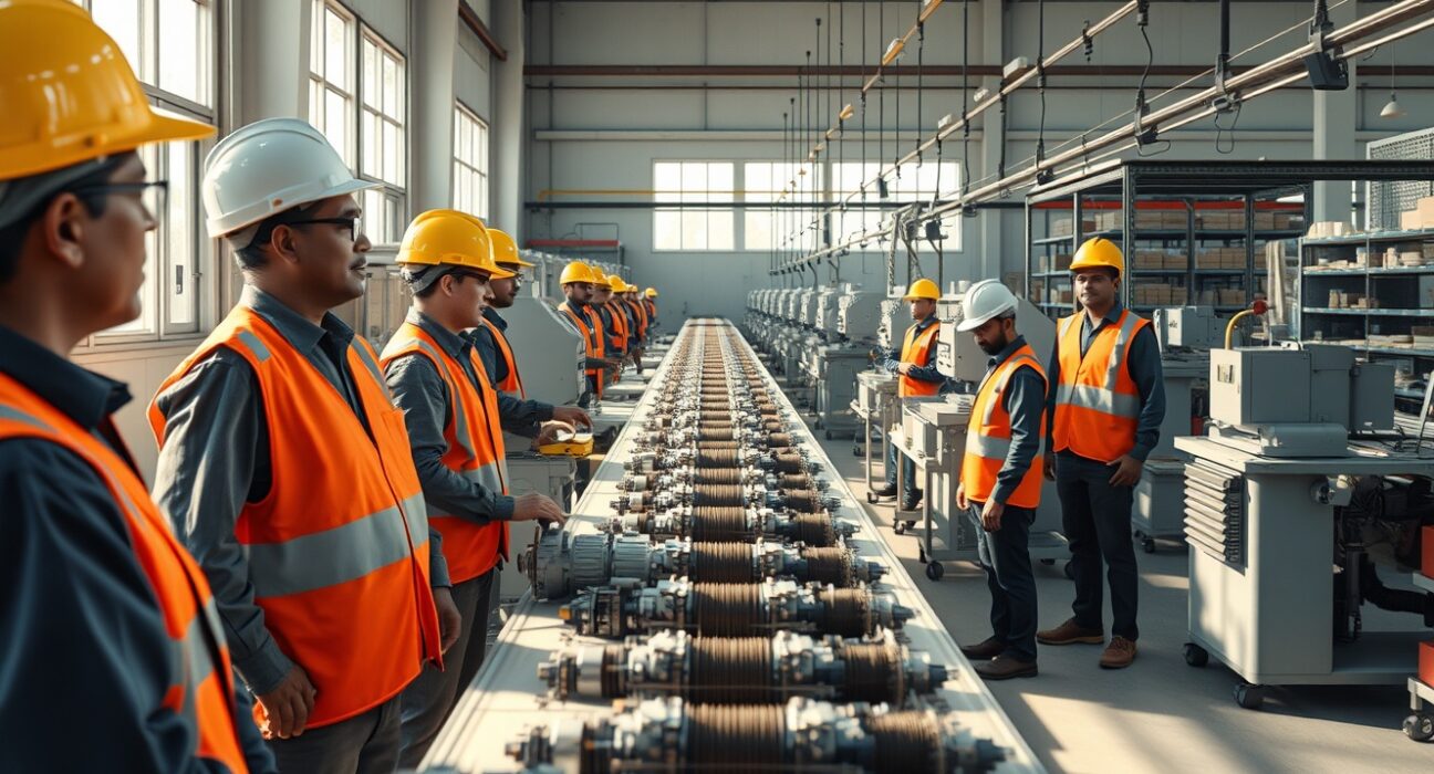 Factory workers on a production line in an Indian manufacturing plant, representing the sector's activity reflected in the HSBC PMI data.