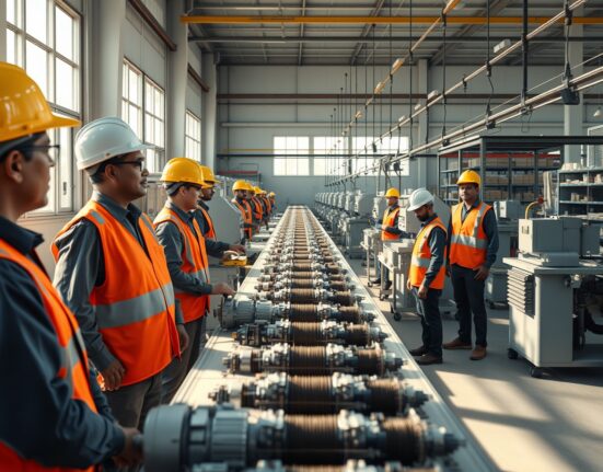 Factory workers on a production line in an Indian manufacturing plant, representing the sector's activity reflected in the HSBC PMI data.