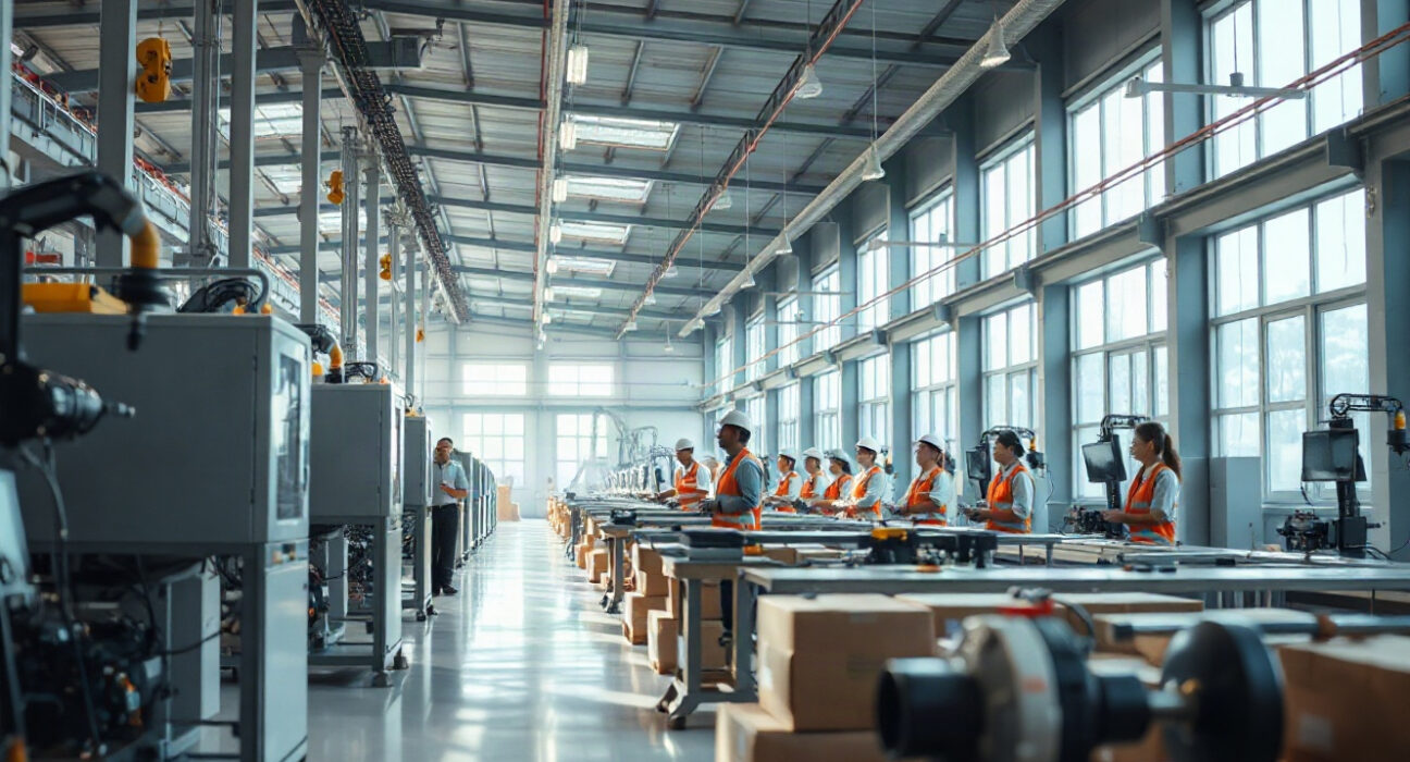 Workers monitoring machinery on a modern factory floor in India