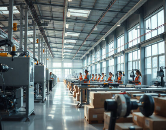 Workers monitoring machinery on a modern factory floor in India
