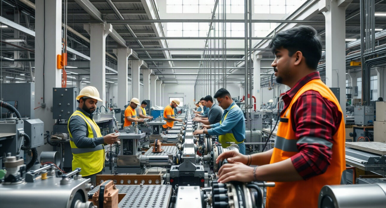 Workers on a factory floor in India, representing industrial production growth.
