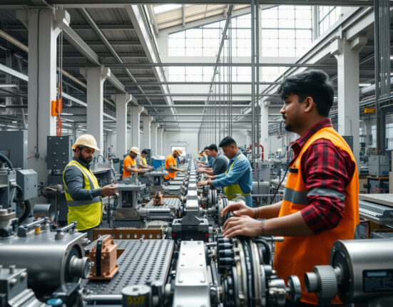 Workers on a factory floor in India, representing industrial production growth.