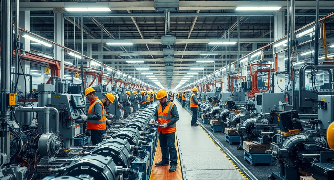 Workers on a factory assembly line in India during a production shift, representing strong industrial output.