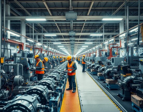 Workers on a factory assembly line in India during a production shift, representing strong industrial output.