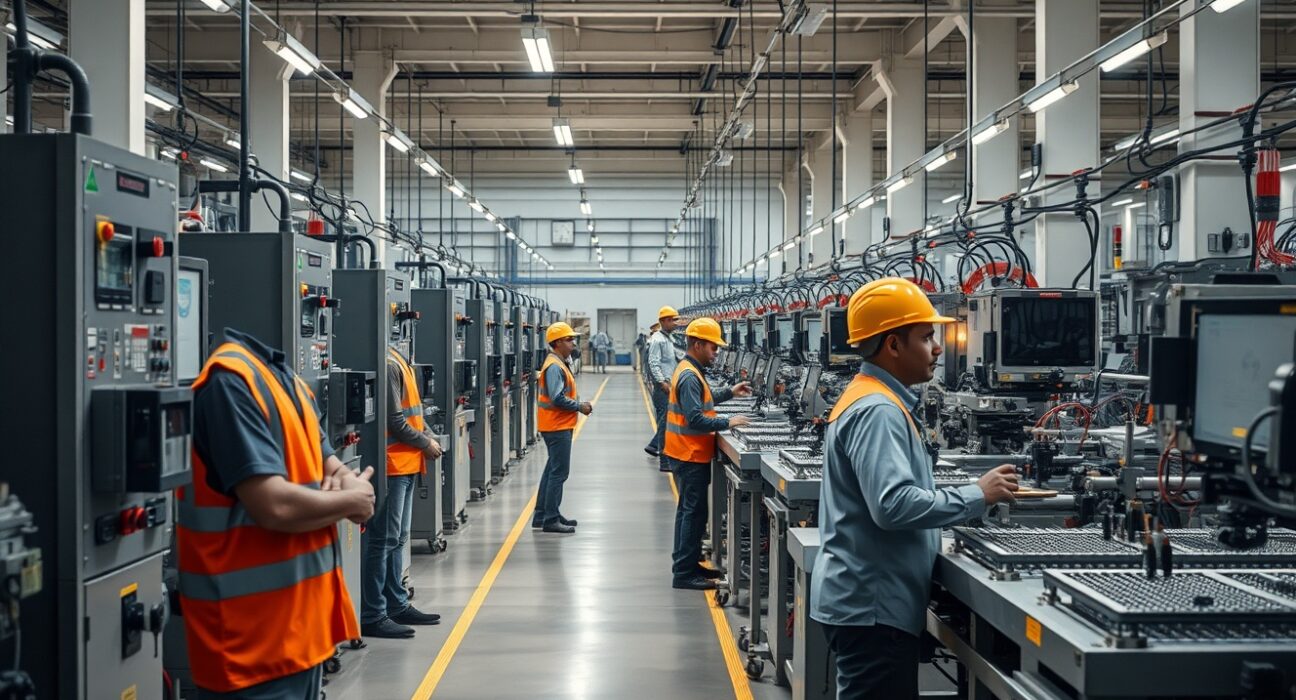 Workers on a factory floor in India as industrial output rises to 5.1% in May 2025