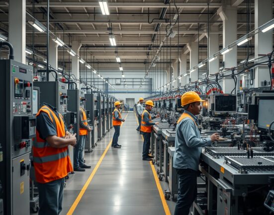 Workers on a modern factory floor in India operating machinery under bright industrial lighting.