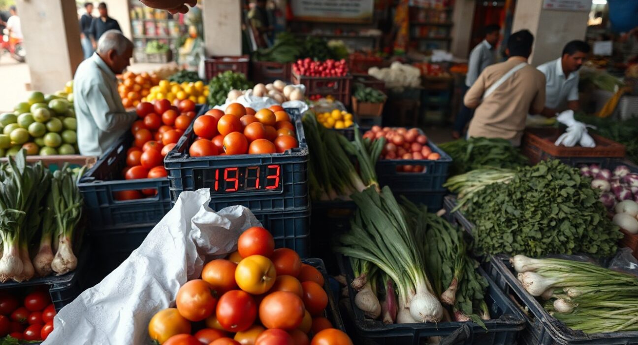 Indian vegetable market with price tags, representing retail inflation data for July.