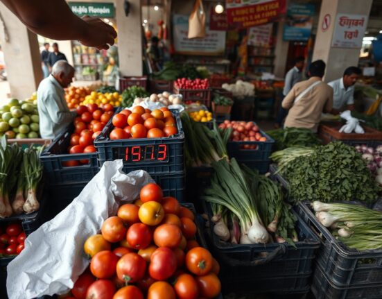 Indian vegetable market with price tags, representing retail inflation data for July.