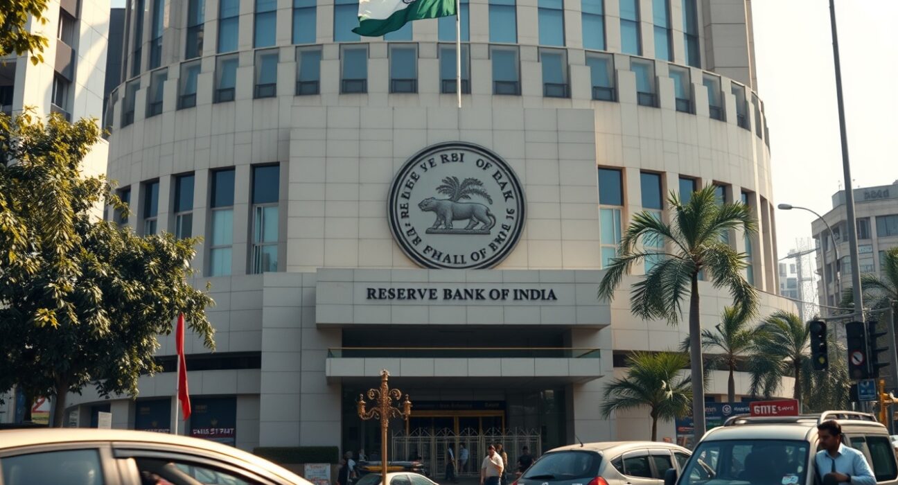 Reserve Bank of India headquarters in Mumbai on a sunny day, representing monetary policy and inflation concerns.