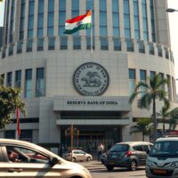 Reserve Bank of India headquarters in Mumbai on a sunny day, representing monetary policy and inflation concerns.