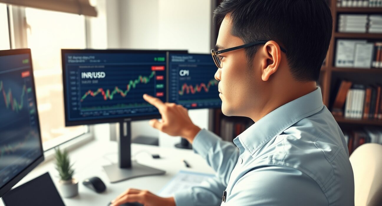 Financial analyst examining Indian rupee and inflation data charts for economic insights.