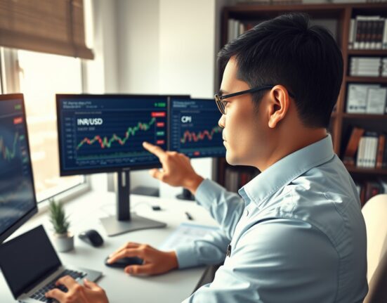 Financial analyst examining Indian rupee and inflation data charts for economic insights.