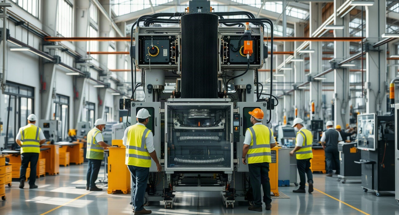 Workers at a modern manufacturing plant in India, with automated machinery in operation