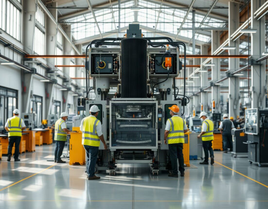 Workers at a modern manufacturing plant in India, with automated machinery in operation