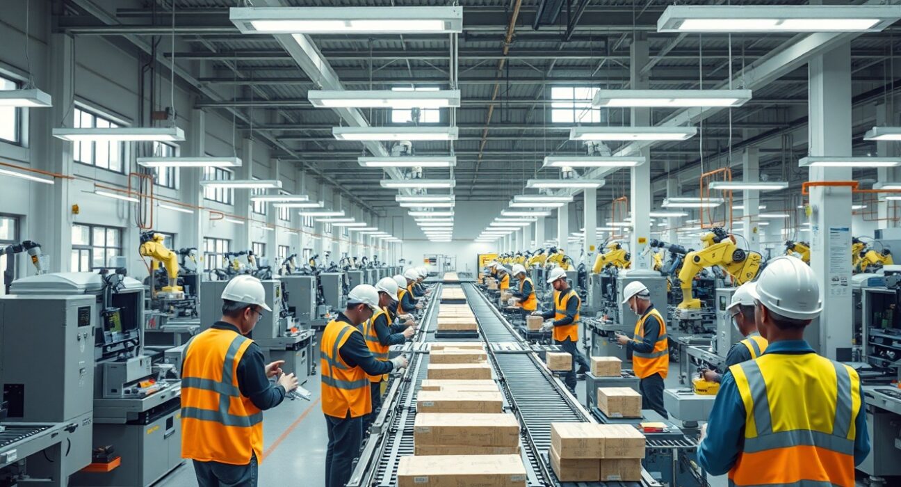 Workers on a modern factory floor in India operating machinery in a well-lit industrial facility.