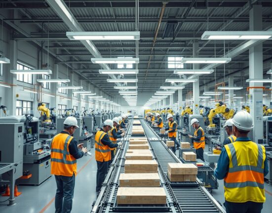 Workers on a modern factory floor in India operating machinery in a well-lit industrial facility.