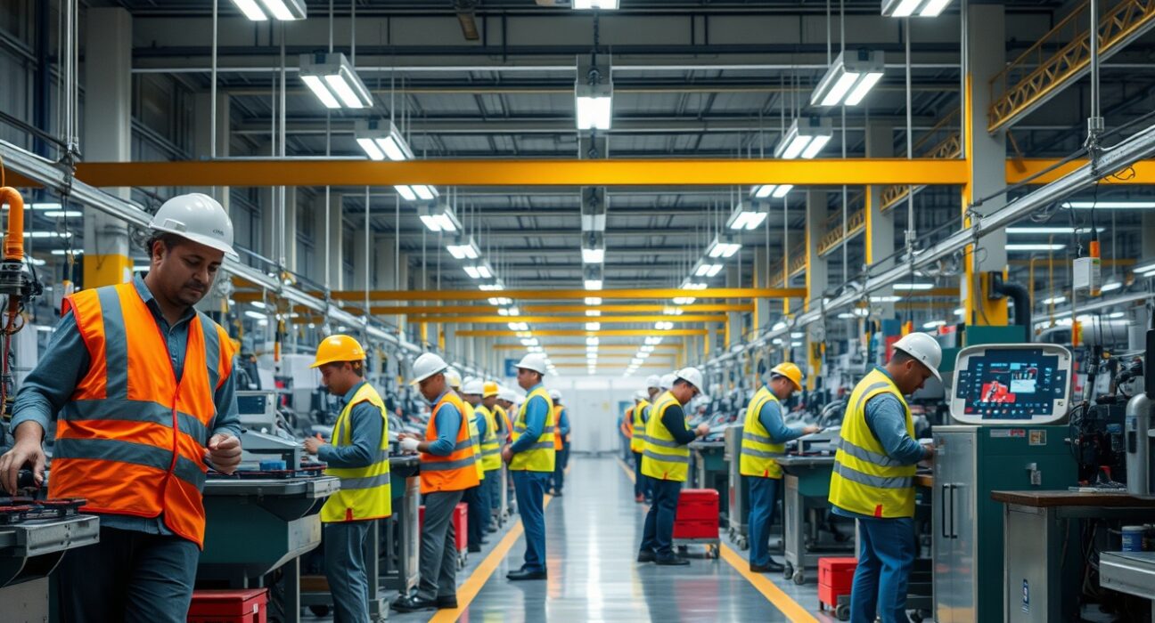 Workers on a factory floor in India during a manufacturing shift