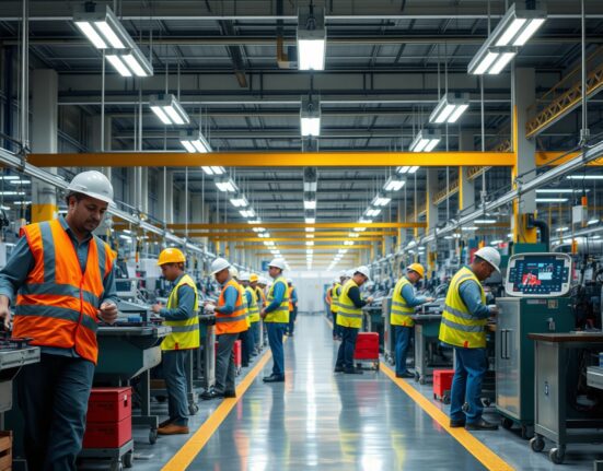 Workers on a factory floor in India during a manufacturing shift