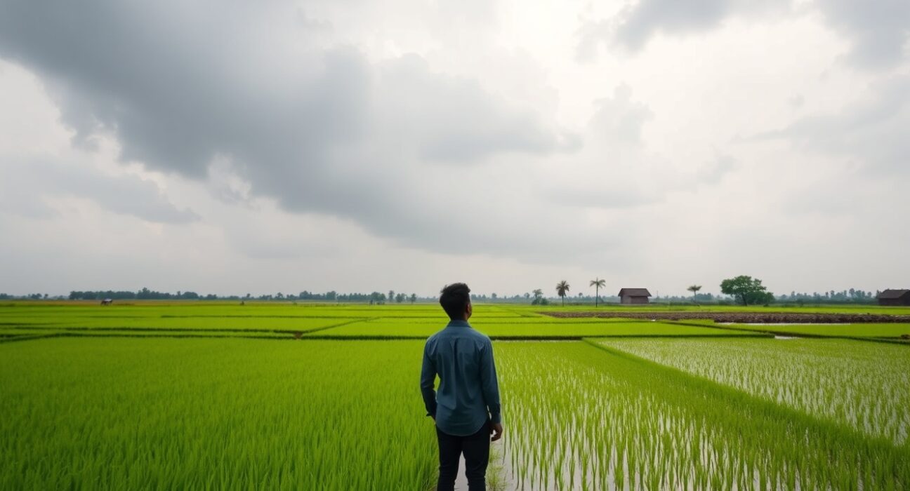 Farmer in a paddy field under a cloudy sky, representing monsoon uncertainty in India.