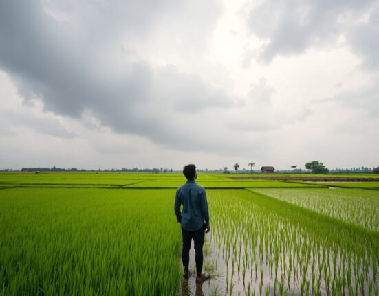 Farmer in a paddy field under a cloudy sky, representing monsoon uncertainty in India.