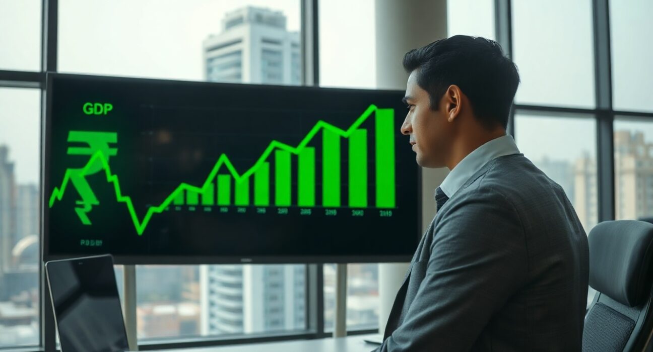 Financial analyst in Mumbai watching a green GDP growth chart with Indian Rupee symbols on a digital screen.
